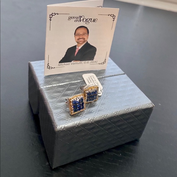 NWT Royal Blue Sapphire Square Cluster Earrings - Picture 4 of 16